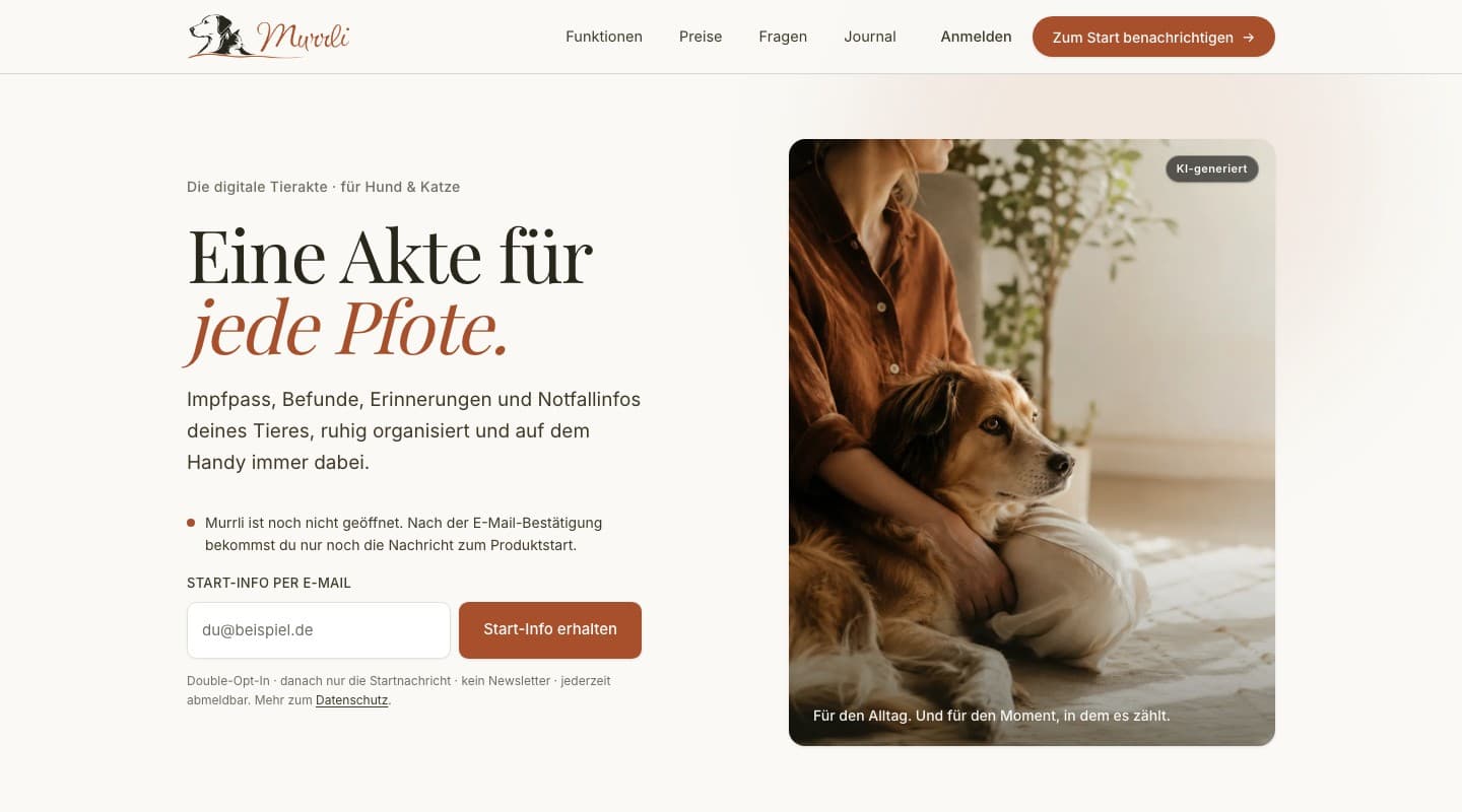 Die öffentliche Murrli-Website: Eine Akte für jede Pfote, mit Start-Info und einer als KI-generiert gekennzeichneten Hundeaufnahme.