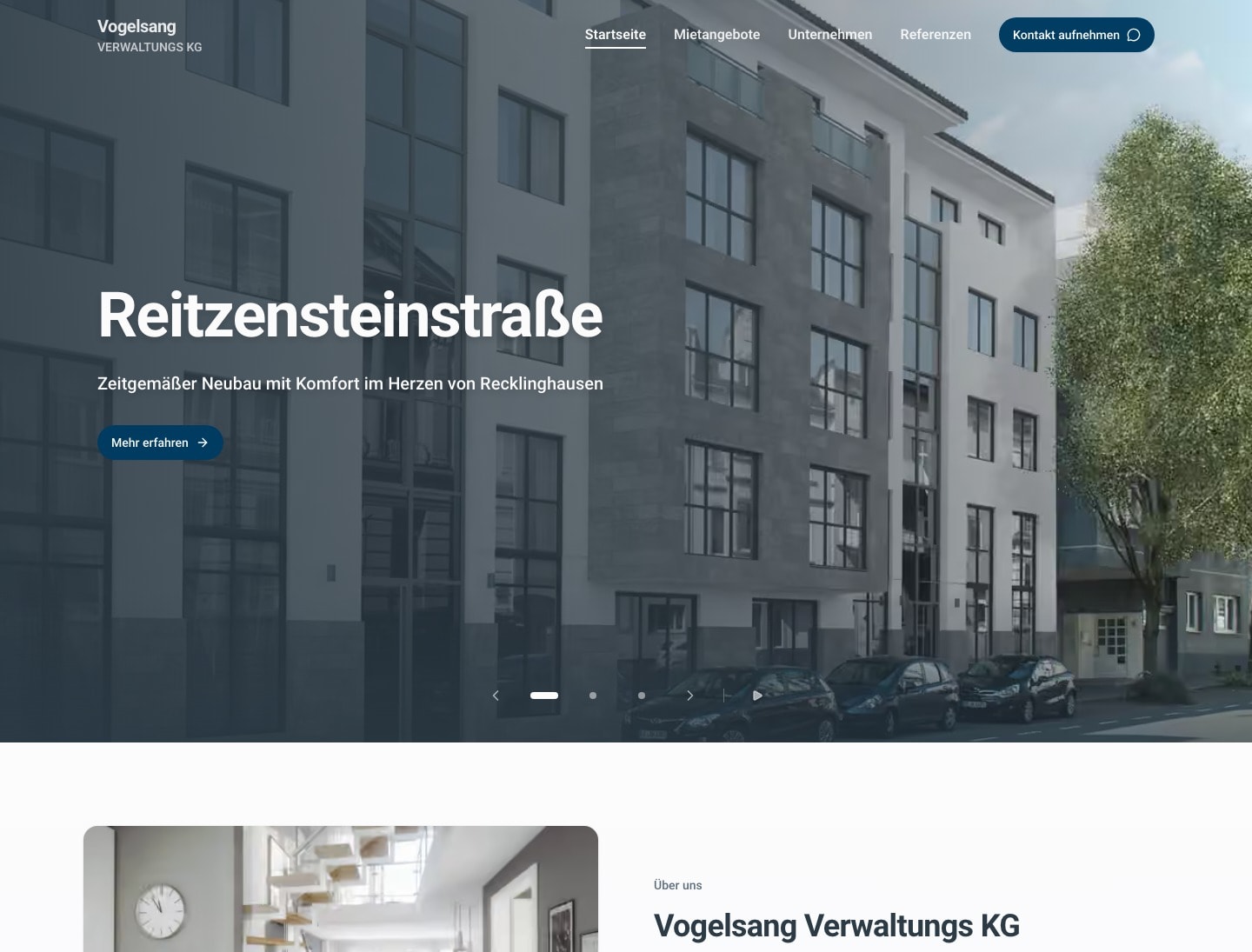 Aktuelle Vogelsang-Website mit der Immobilien-Slideshow zur Reitzensteinstraße